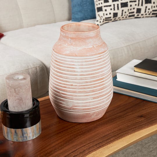 11" Pink Ceramic Whitewashed Ribbed Vase